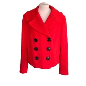 INC Red Cotton Knit Cropped Double Breasted Pea Coat Sz L